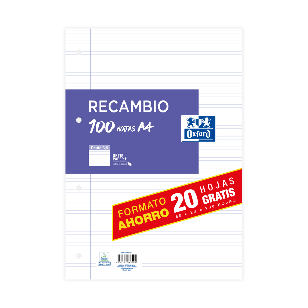 [100430211] RECAMBIO OXFORD 100H 90GR 2 LINEAS PAUTA 3.5MM.