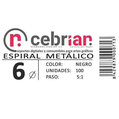 [ESPI06] CAJA 200U ESPIRAL METAL 6 MM NEGRO PASO 5:1