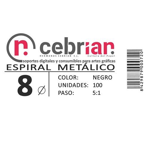 [ESPI08] CAJA 200U ESPIRAL METAL 8 MM NEGRO PASO 5:1