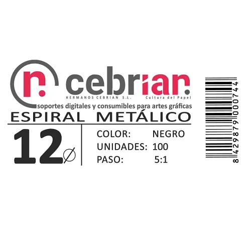 [ESPI12] CAJA 100U ESPIRAL METAL 12 MM NEGRO PASO 5:1