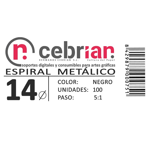 [ESPI14] CAJA 100U ESPIRAL METAL 14 MM NEGRO PASO 5:1
