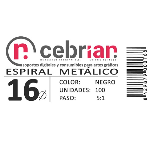[ESPI16] CAJA 100U ESPIRAL METAL 16 MM NEGRO PASO 5:1