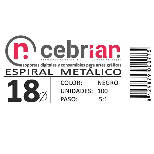 [ESPI18] CAJA 100U ESPIRAL METAL 18 MM NEGRO PASO 5:1