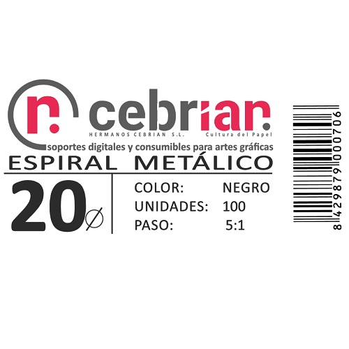 [ESPI20] CAJA 100U ESPIRAL METAL 20 MM NEGRO PASO 5:1