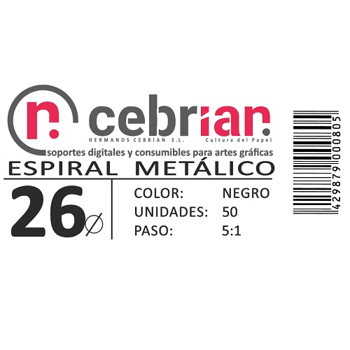 [ESPI26] CAJA 100U ESPIRAL METAL 26 MM NEGRO PASO 5:1