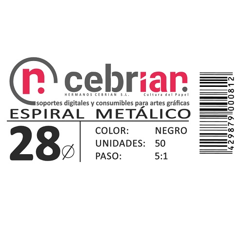 [ESPI28] CAJA 50U ESPIRAL METAL 28 MM NEGRO PASO 5:1