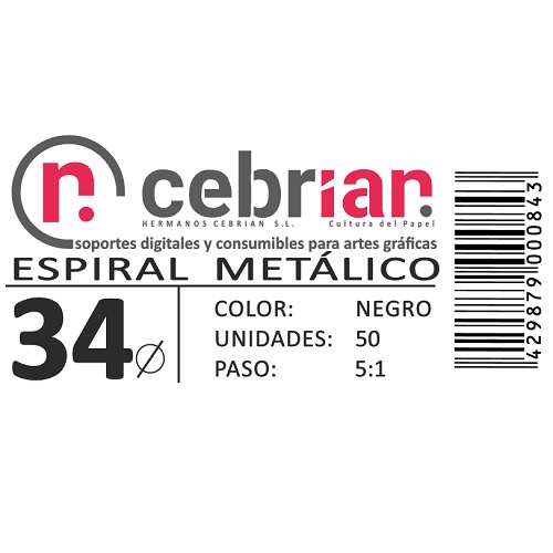 [ESPI34] CAJA 50U ESPIRAL METAL 34 MM NEGRO PASO 5:1