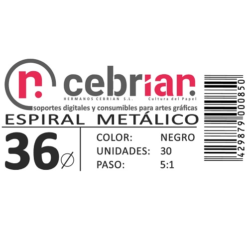 [ESPI36] CAJA 30U ESPIRAL METAL 36 MM NEGRO PASO 5:1