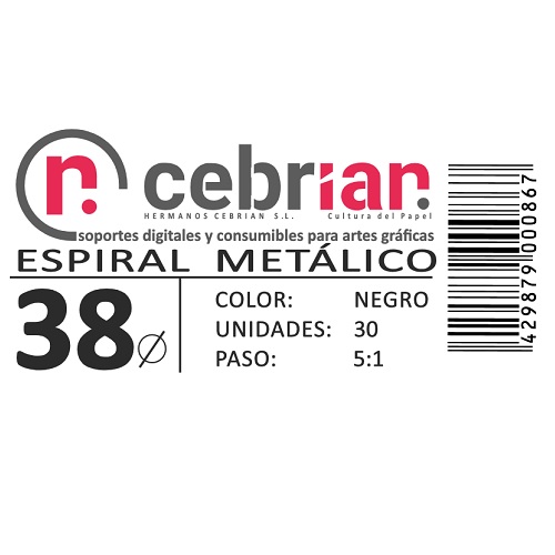 [ESPI385] [ESPI38] CAJA 30U ESPIRAL METAL 38 MM NEGRO PASO 5:1