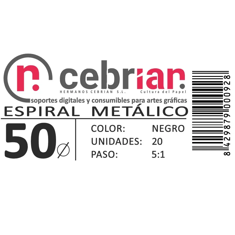 [ESPI50] CAJA 20U ESPIRAL METAL 50 MM NEGRO PASO 5:1
