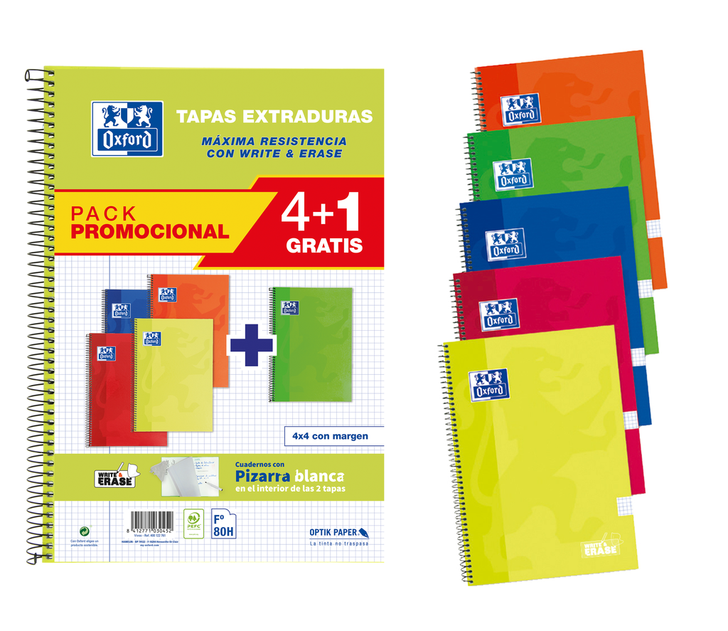 [400122761] PACK 4+1 CUADERNO FOLIO 80H 4x4 OXFORD TAPA EXTRADURA WRITE&ERASE COLORES VIVOS