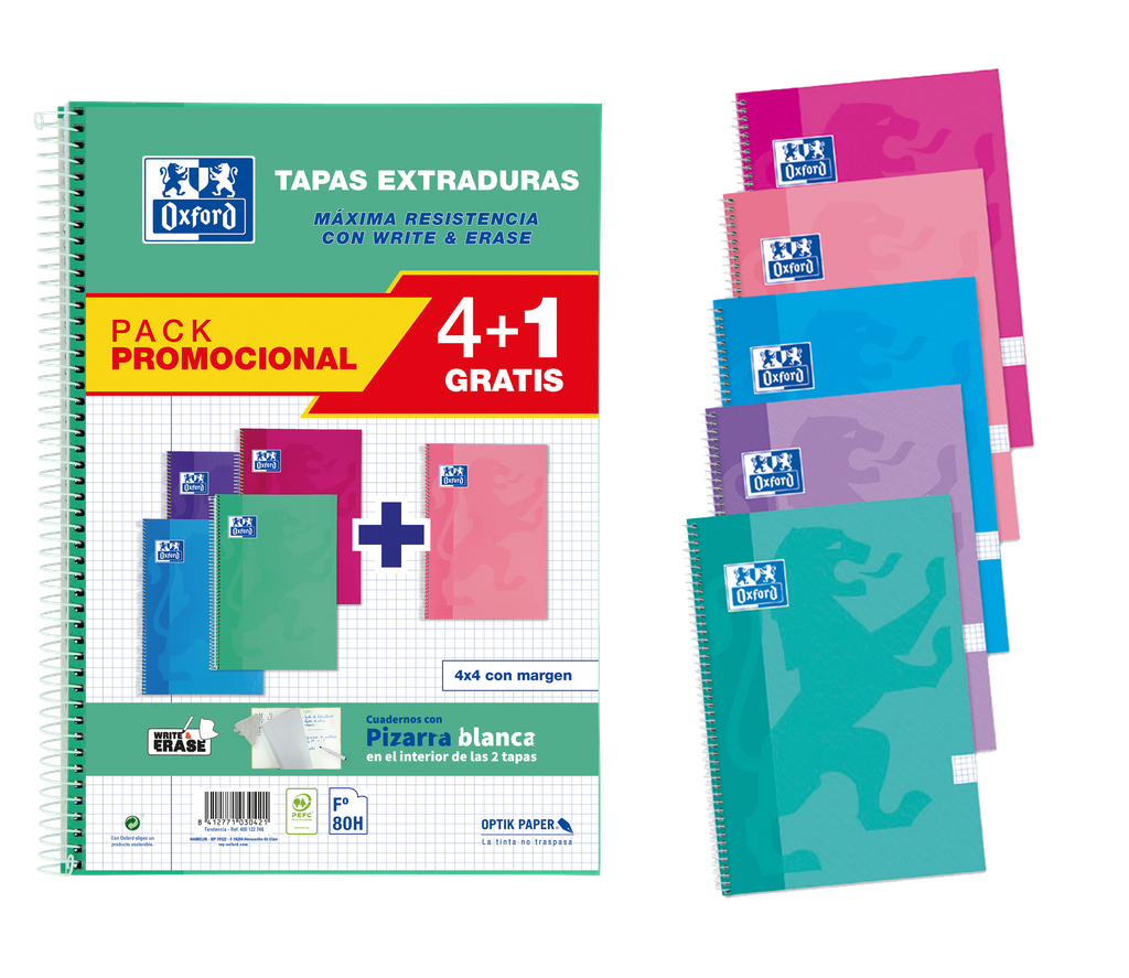 [400122766] PACK 4+1 CUADERNO OXFORD TAPA EXTRADURA WRITE&ERASE FOLIO 80H 4X4 COLORES TENDENCIA
