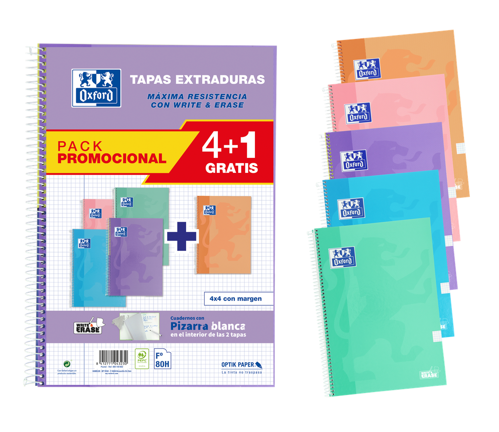 [400159802] PACK 4+1 CUADERNO OXFORD TAPA EXTRADURA WRITE&ERASE FOLIO 80H 4X4 COLORES PASTEL