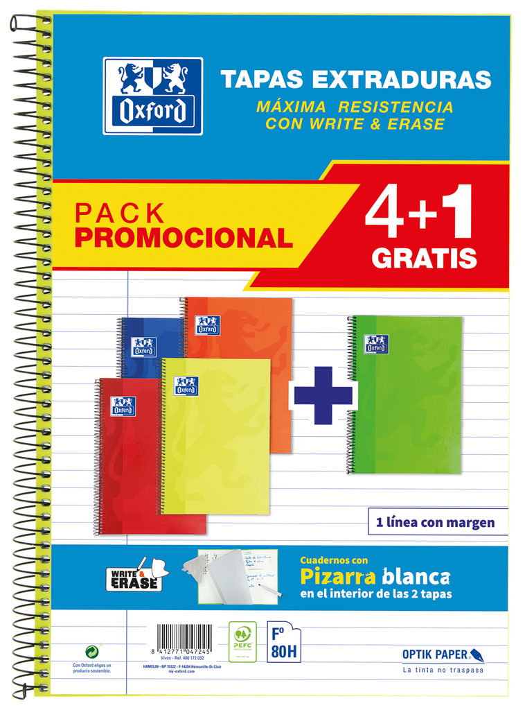 [400172032] PACK 4+1 CUADERNO FOLIO 80H 1 LINEA OXFORD TAPA EXTRADURA WRITE&ERASE COLORES VIVOS