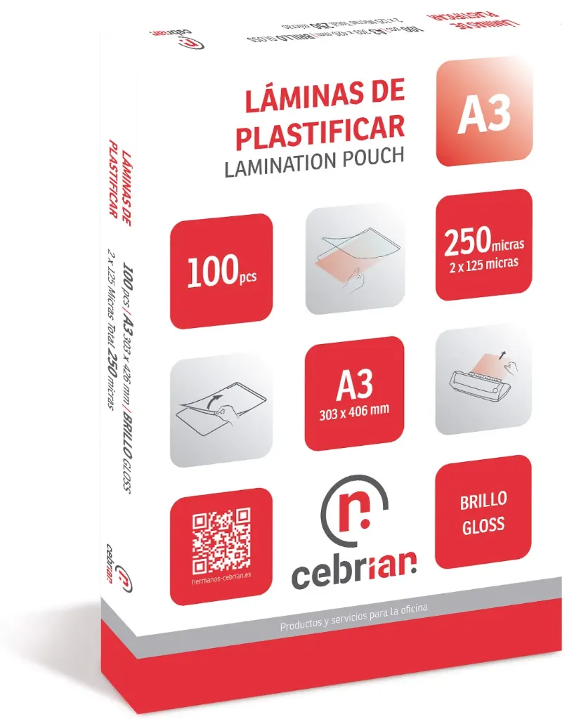 [800011] CAJA 100 CARTERAS PARA PLASTIFICAR 125 MICRAS A3 cebrian