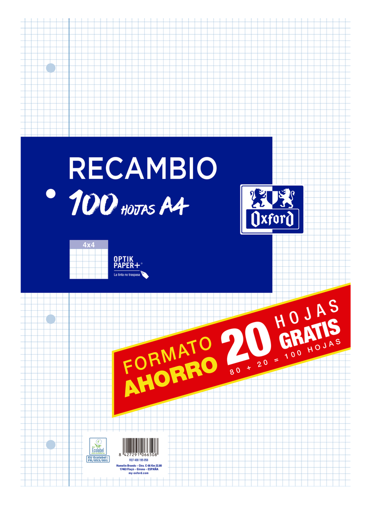 [400195058] RECAMBIO OXFORD CUADRO 4X4 80+20HOJAS GRATIS 90G.
