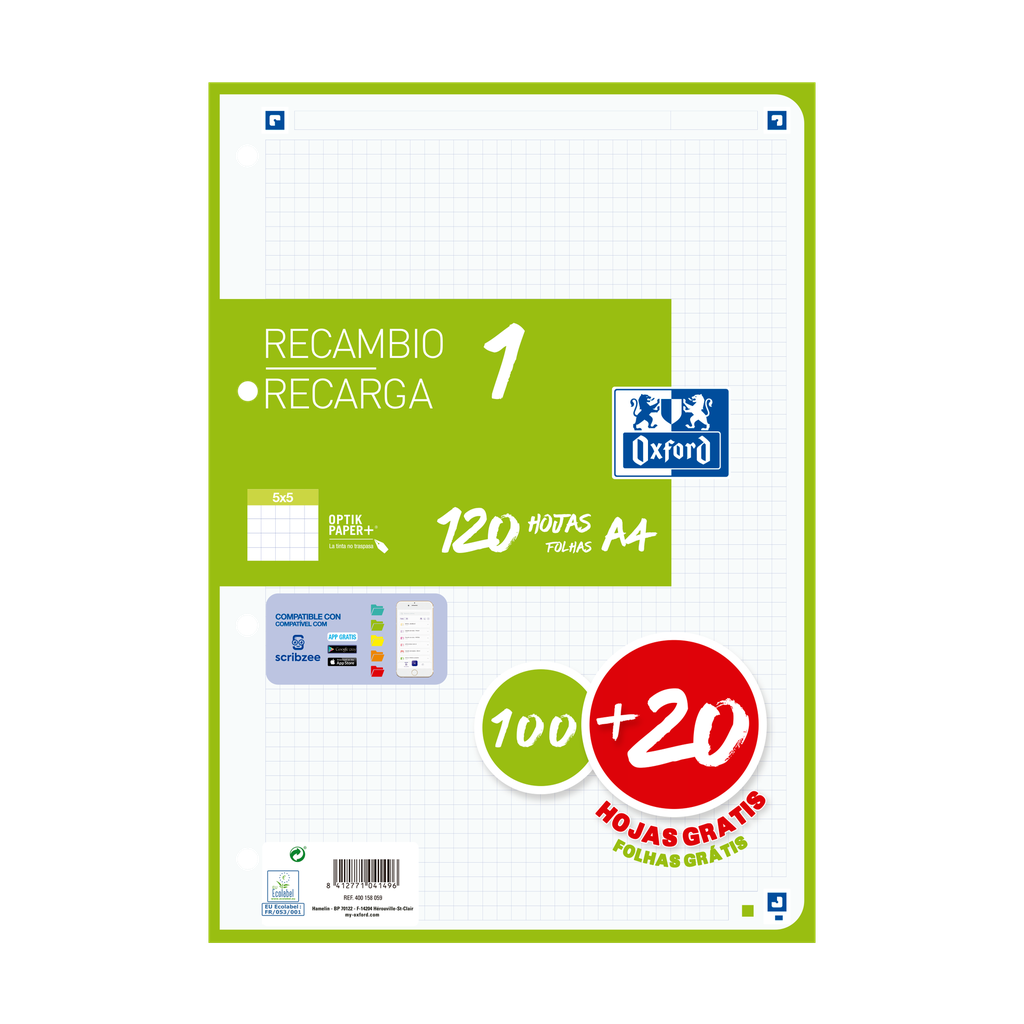 [800185] Recambio Oxford de 100+20hojas 5x5 verde