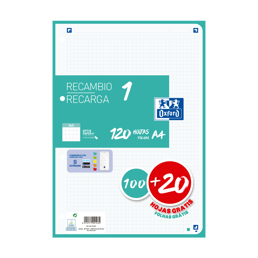[800186] Recambio Oxford de 100+20hojas 5x5 Ice Mint