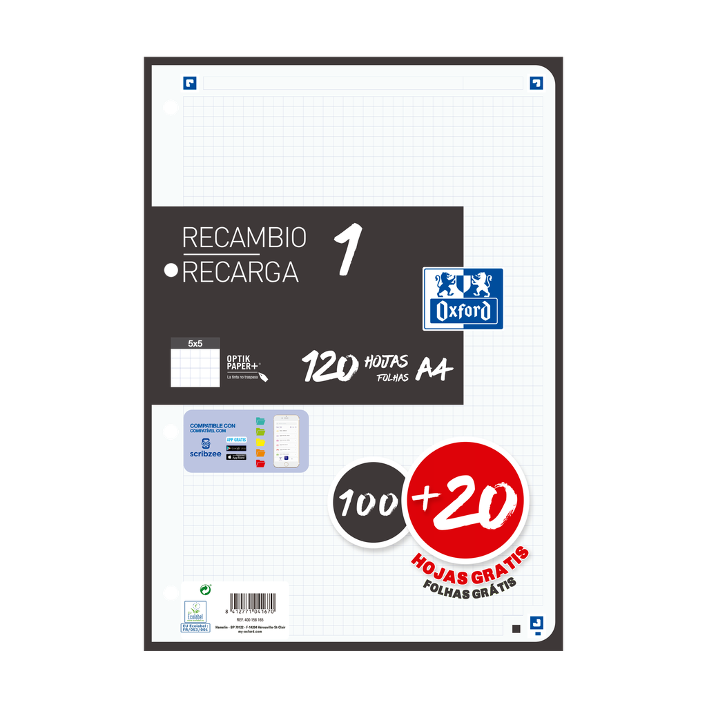 [800188] Recambio Oxford de 100+20hojas 5x5 Negro