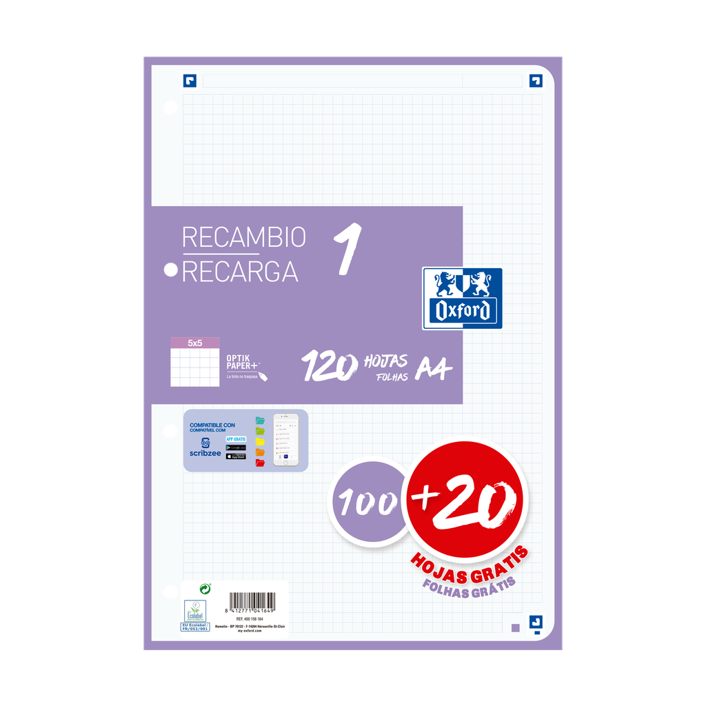 [800189] Recambio Oxford de 100+20hojas 5x5 Malva