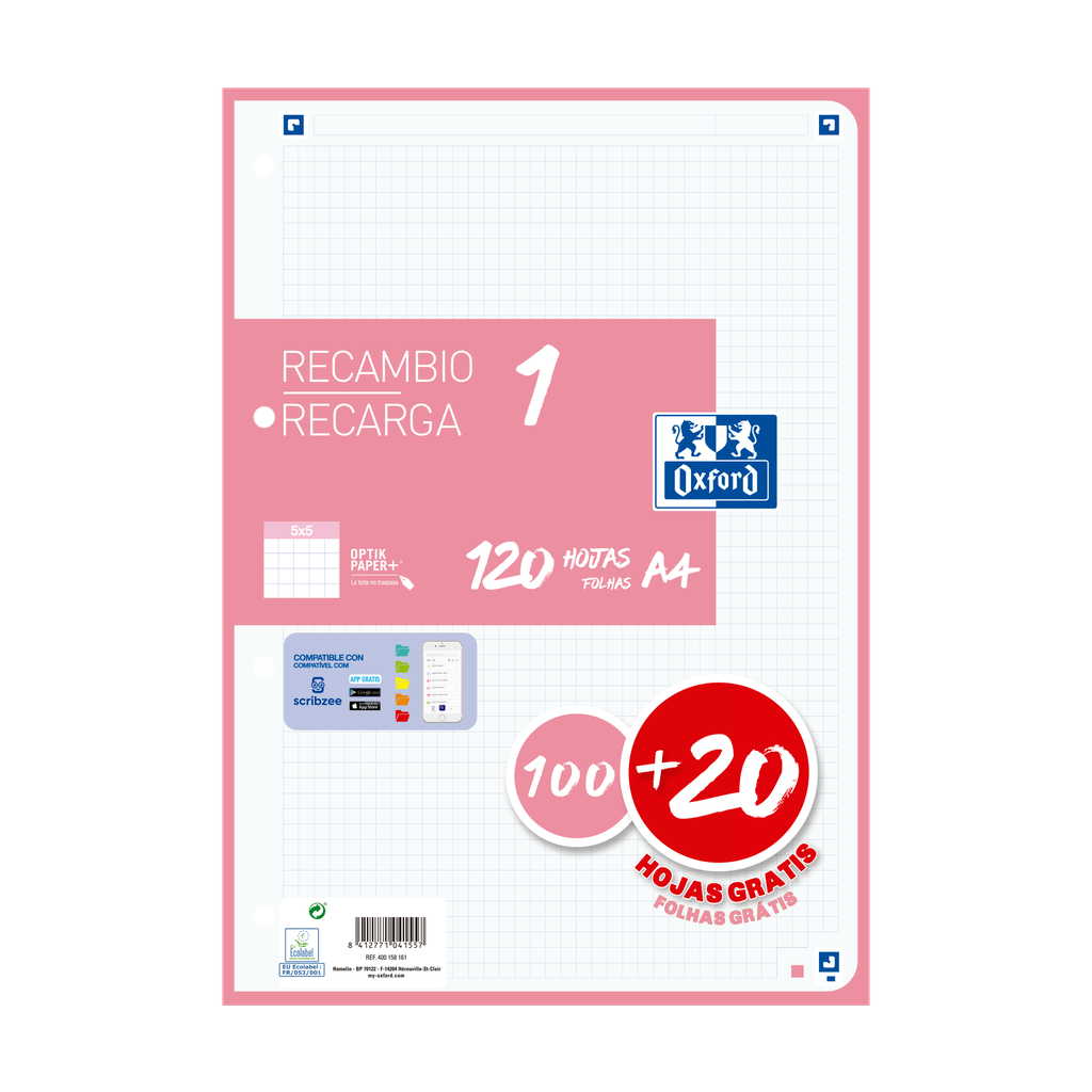 [800190] Recambio Oxford de 100+20hojas 5x5 Rosa chicle