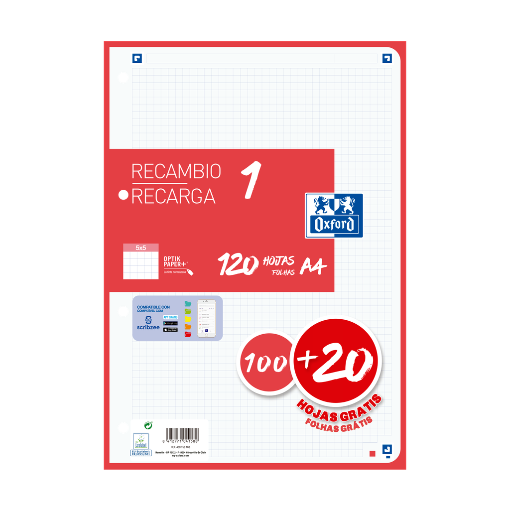 [800191] Recambio Oxford de 100+20hojas 5x5 Rojo