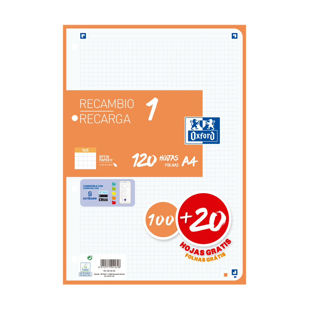[800192] Recambio Oxford de 100+20hojas 5x5 Naranja