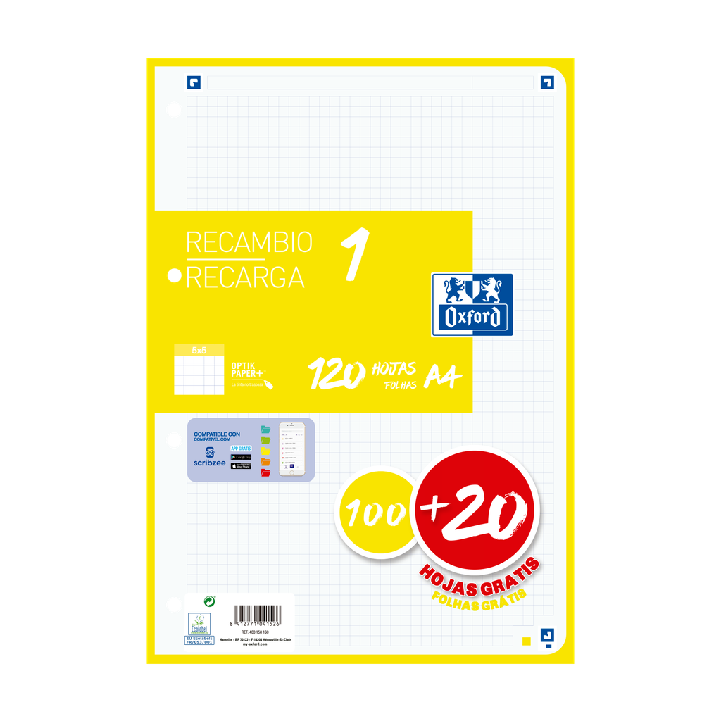 [800193] Recambio Oxford de 100+20hojas 5x5 Amarillo