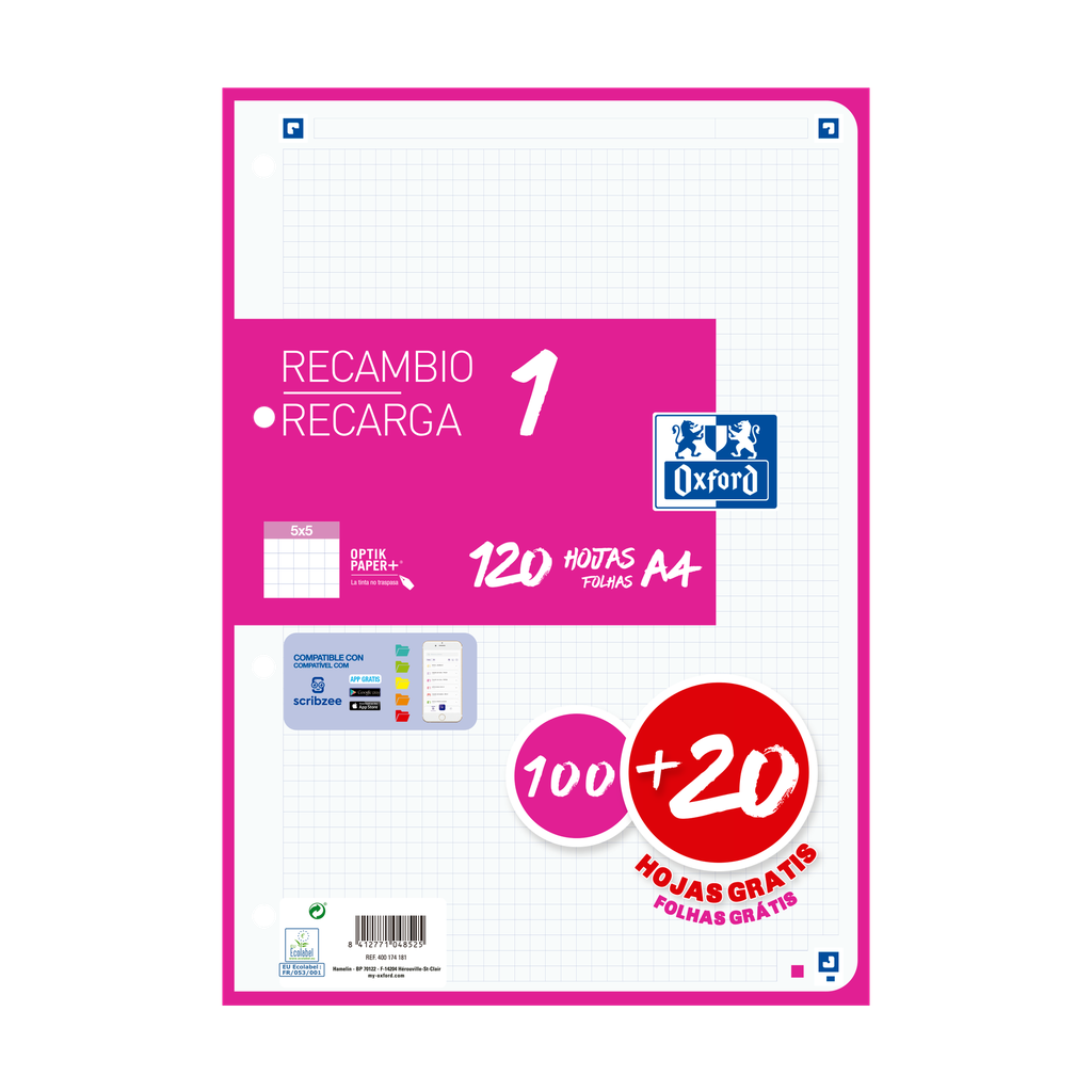 [800208] Recambio Oxford de 100+20hojas 5x5 Fucsia