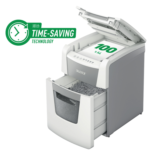 [80110000] [80110000] Destructora automática para pequeña oficina Leitz IQ 100 Autofeed P4, blanca